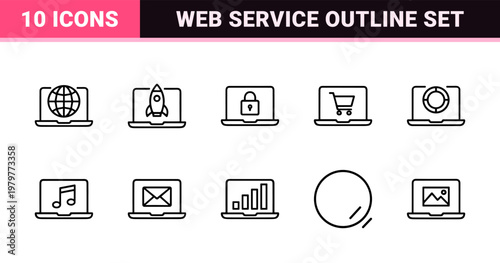 Minimalist laptop computer technology and web service outline icon set