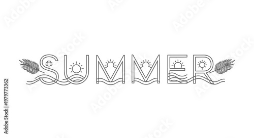 Summer, hand-drawn typography, decorative lettering, seasonal illustration, black and white vector graphic
