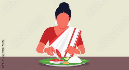 An illustration of a woman in a red and white saree eating a traditional Indian meal with her hands from a banana leaf plate.