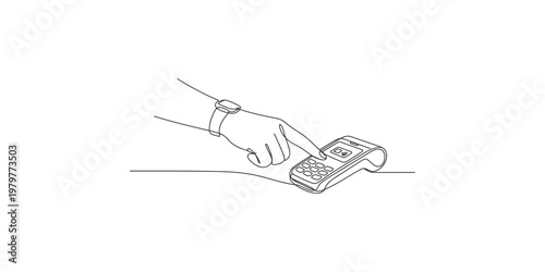 Hand holding a payment terminal with finger on the keypad transaction commerce business technology electronic