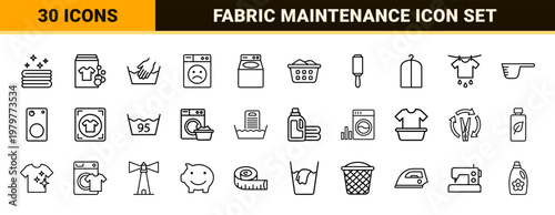 Laundry and clothes cleaning outline icons for washing service