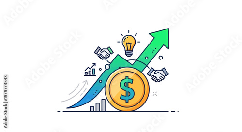 Business Growth Concept: Upward Arrow, Coin, Lightbulb, Handshake, Charts