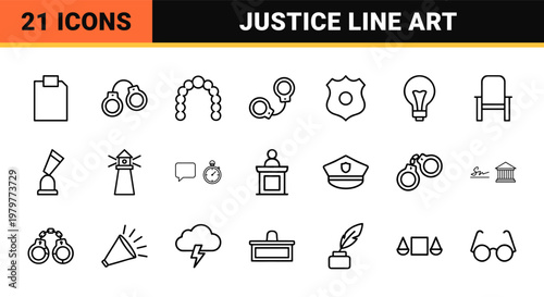 Legal and justice thin line icon set with scales and law documents