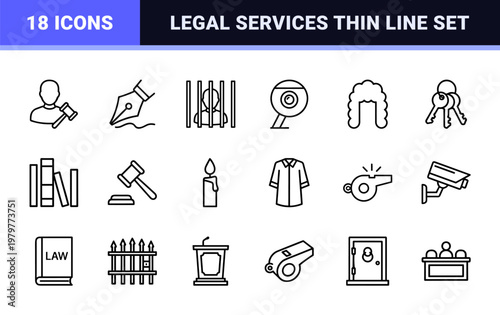 Law and justice minimalist outline symbols for legal services.