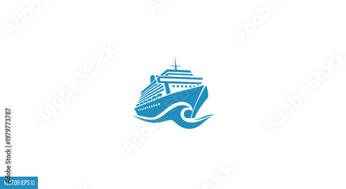 Blue Cruise Ship Silhouette Icon on White Background with Waves