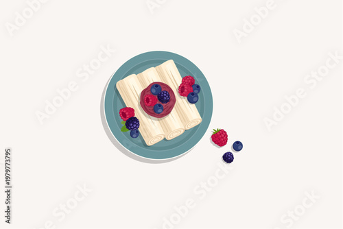 Top View of Three Vanilla Ice Cream Rolls with Mixed Berries on Blue Plate