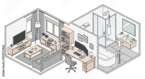 Modern Apartment Interior Design Isometric View.