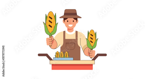 Happy Farmer Selling Grilled Corn on the Cob from a Cart