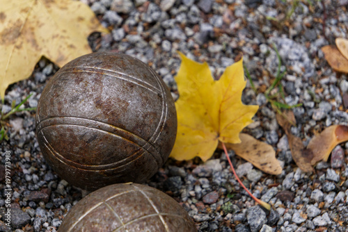 two boule ball in gravel path next to leafs