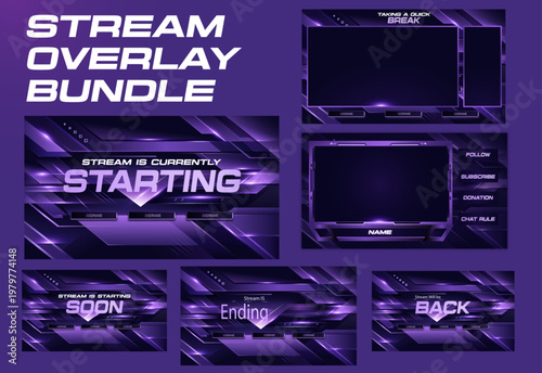 Photos Purple Twitch Stream Overlay Bundle with Starting, Offline, Break, Back and Endi