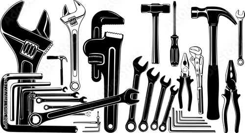 Various black silhouette hand tools and wrenches, including adjustable, pipe, combination, and hex keys, presented in a clean, graphic style
