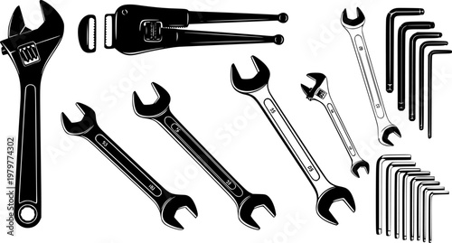 Various black silhouette hand tools and wrenches, including adjustable, pipe, combination, and hex keys, presented in a clean, graphic style
