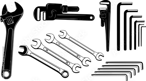 Various black silhouette hand tools and wrenches, including adjustable, pipe, combination, and hex keys, presented in a clean, graphic style
