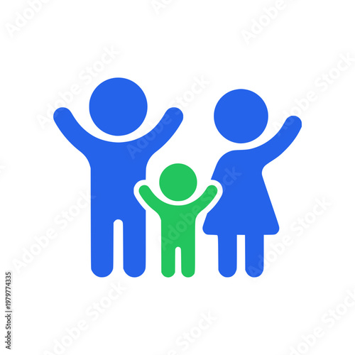 Minimal family icon with two adults and one child in simple flat SVG style. Clean geometric design ideal for social services, family care, community programs, and modern UI applications.