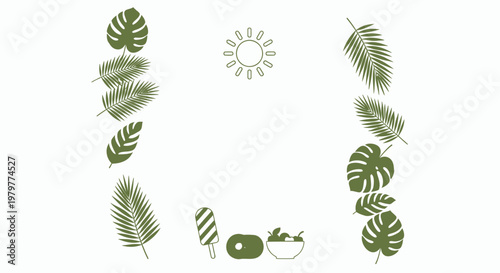 Tropical green leaves, palm fronds, and sun icon set, vector illustrations