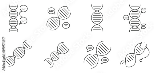 DNA helix with speech bubbles and molecular structure symbols, vector illustration for genetics communication concept