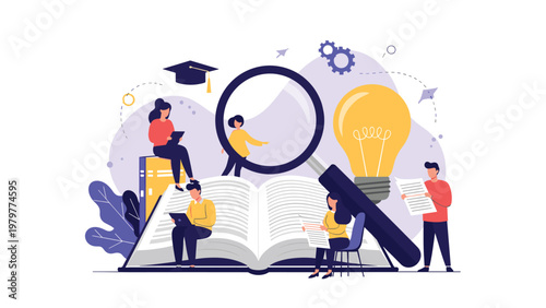 Diverse group of learners conducting in-depth research and finding innovative solutions around a giant open book and magnifying glass.