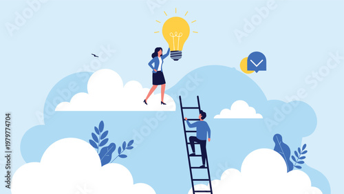 Successful businesswoman standing on cloud helping man climb ladder to reach giant lightbulb for inspiration and mentorship.