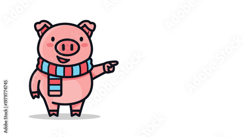 Adorable pink piggy character wearing a blue and red striped winter scarf pointing its hoof towards a blank space for a message.