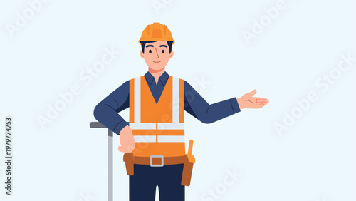 Professional male engineer wearing safety orange vest and hard hat gesturing with his hand against a plain light blue background.