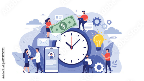 Team of business people working together around a giant clock for effective time management and deadline synchronization concepts.