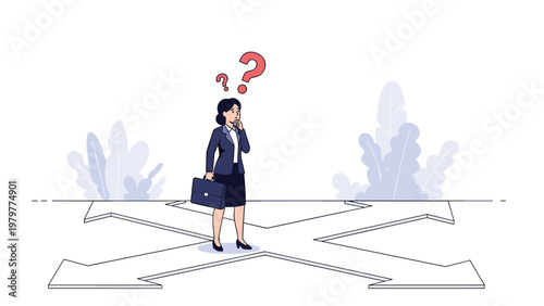 Confused businesswoman standing at a crossroads with four arrows pointing in different directions for decision making concepts.