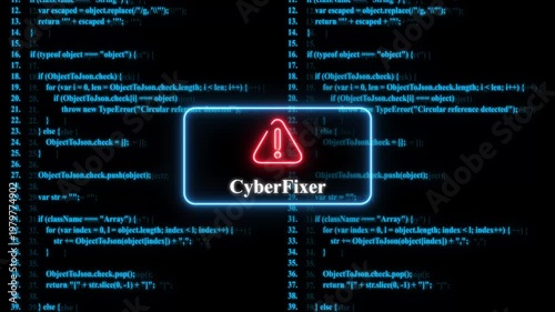 Cyber fixer warning sign over blue programming code background, digital security and, software debugging concept