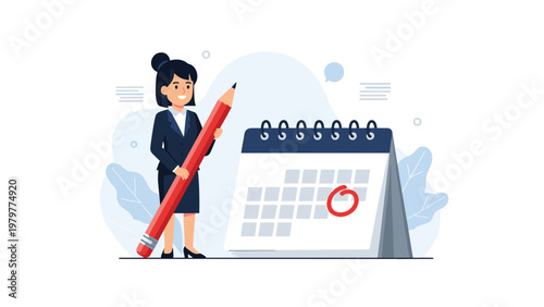 Successful businesswoman in professional suit using a giant red pencil to mark an important date on a large monthly desk calendar.