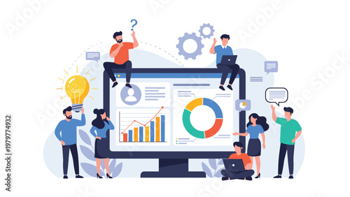 Team of data analysts and business people working together around a giant computer monitor showing financial charts and graphs.
