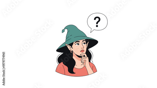 Cute female elf with green hat thinking with a question mark in a speech bubble against a clean white background for fantasy art.