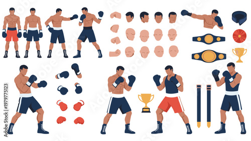 Character sheet of a male boxer featuring various fighting poses, facial expressions, and sports equipment like gloves and belts.
