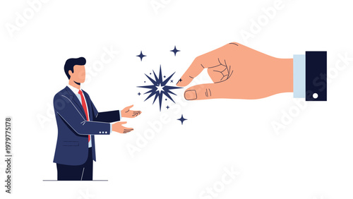 Giant hand reaching out to a businessman in a suit with a glowing star representing inspiration, opportunity, or career guidance.