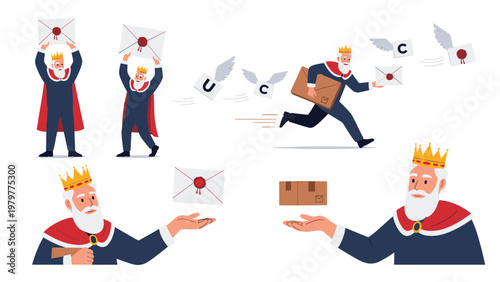 Illustration set of a king character in royal attire delivering mail and packages representing premium or royal shipping services.