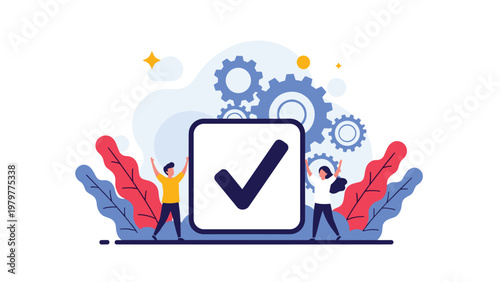 Man and woman celebrating with raised arms next to a giant checkmark and gears representing successful project completion.