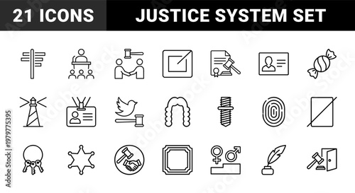 Minimalist legal and justice outline icon set with gavel and scales