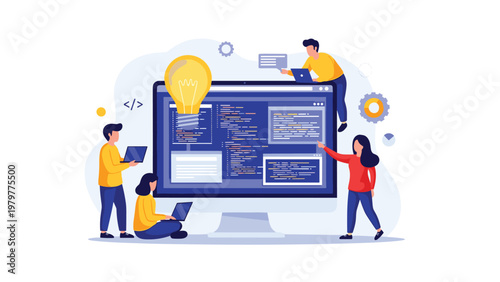 Software developers and programmers working on code around a giant monitor featuring a glowing lightbulb for creative solutions.