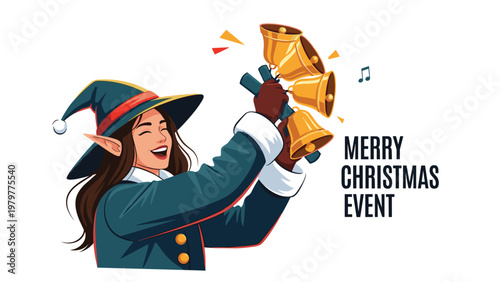 Smiling female elf character in blue festive costume ringing golden handbells for merry Christmas event celebration concepts.