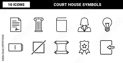 Legal and justice thin line icon set with courthouse gavel and scale symbols