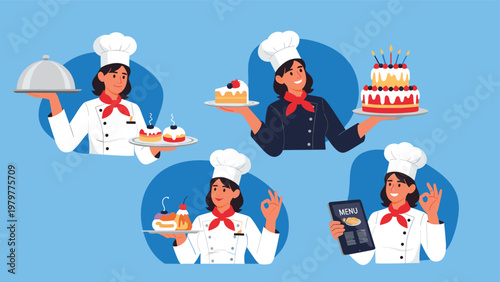 Set of female chef characters in white uniforms and hats presenting various delicious cakes, desserts, and restaurant menus.