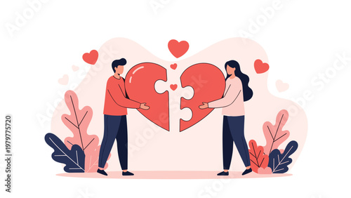Man and woman characters putting together two large pieces of a broken heart puzzle representing love and relationship reconciliation.