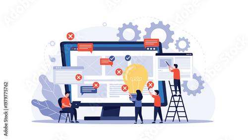 Team of developers and designers working on a website dashboard shown on a large monitor with bug fixes and checkmarks.