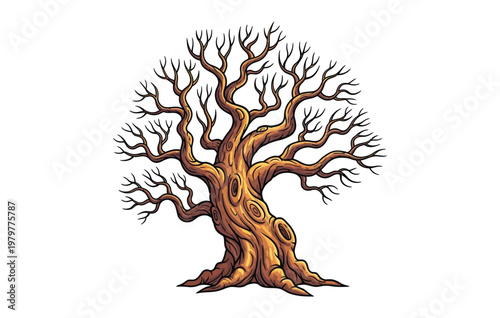 A striking silhouette of a bare gnarled tree with intricate branches against a stark white background evoking a sense of winter solitude