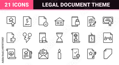 Legal document and law agreement line icon set