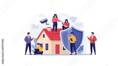 Concept of home security and protection showing people around small house with shield camera and wifi icons.