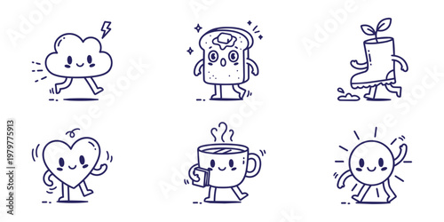 Happy Doodle Characters Set Kawaii Walking Icons Cloud, Toast, Heart, Coffee, Sun. Playful Everyday Line Art Vector Pack