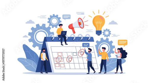 Diverse business team planning work schedule on large calendar with lightbulb gears and megaphone symbols.