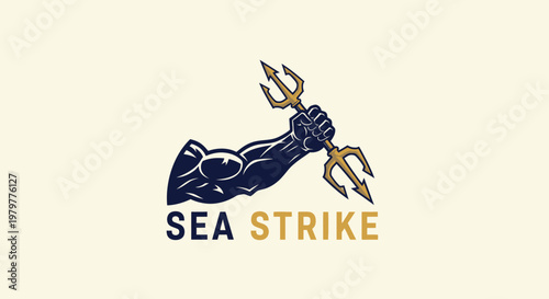 Sea Strike logo featuring a muscular arm holding a golden trident, powerful design.