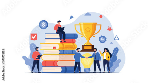 Business team celebrating victory with large gold trophy standing on stack of books for education and success.