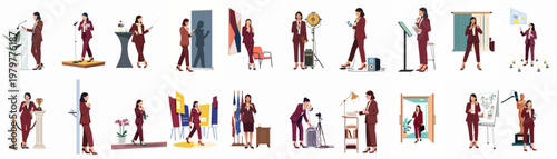 Diverse Collection of Flat Vector Illustrations Featuring a Professional Woman in Various Business, Media, and Public Speaking Roles