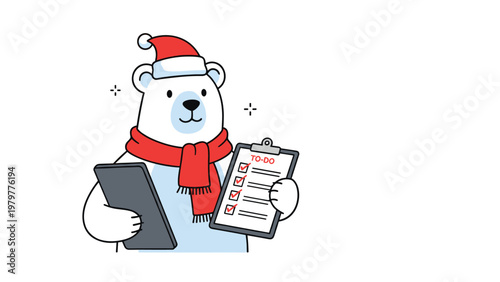Cute polar bear wearing red Santa hat and scarf holding to-do list and smartphone for holiday planning.